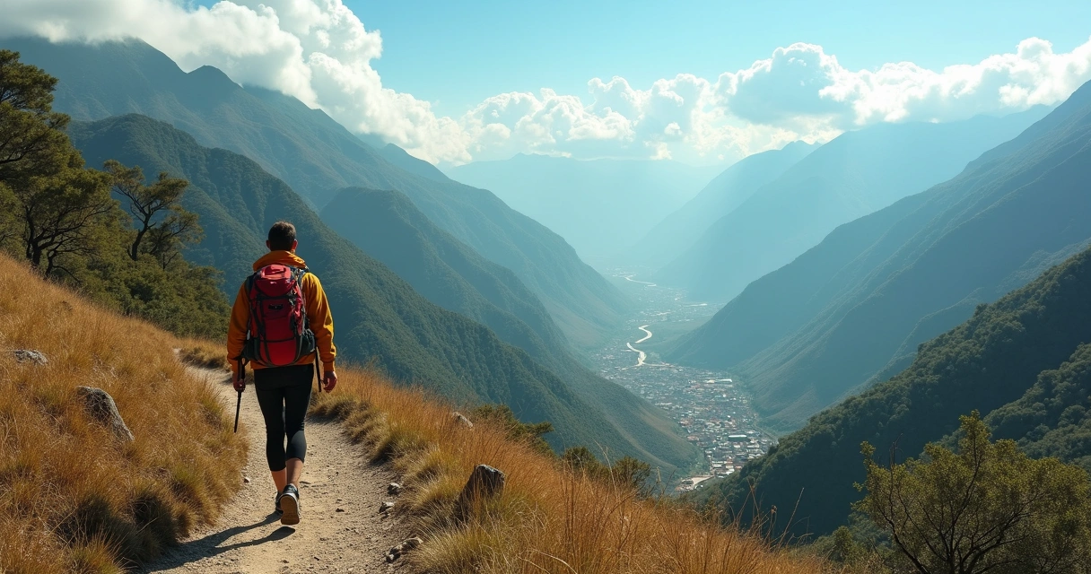 Backpacker walking on a trail in Peru with mountains in the background 