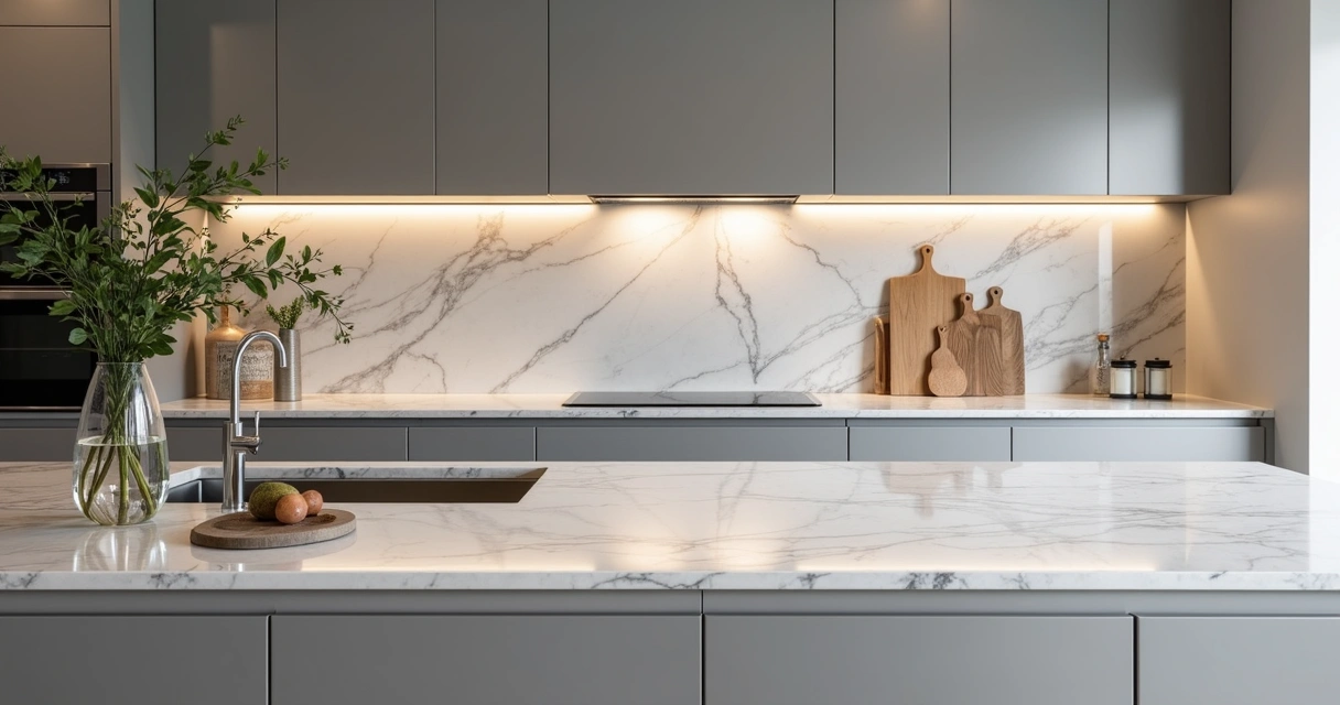 Bancada de mármore com backsplash iluminado na cozinha moderna 