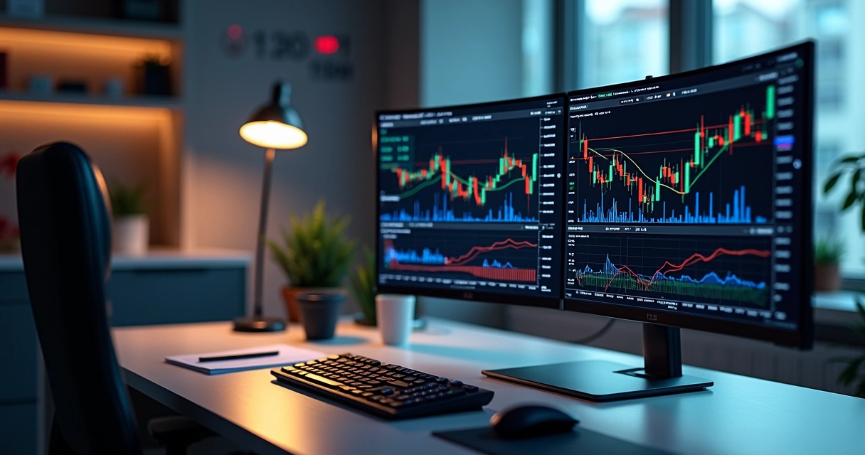 Tela de computador com gráficos financeiros complexos e indicadores de backtest de robôs de investimento em ambiente financeiro moderno 