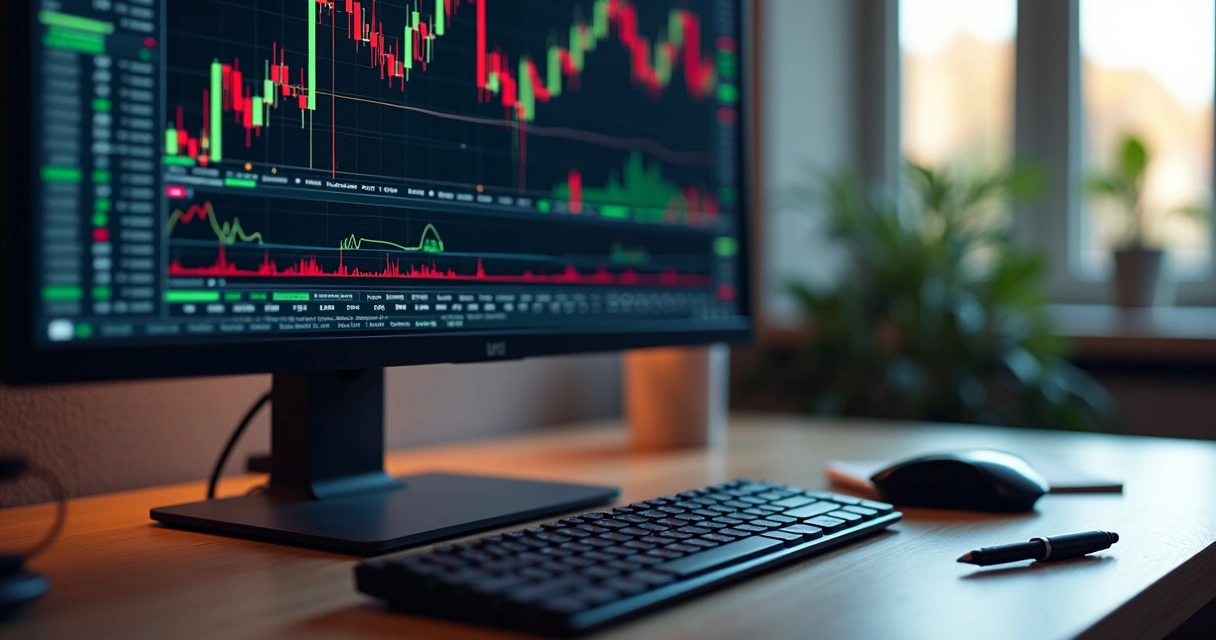 Tela de computador mostrando gráficos de criptomoedas e simulação de estratégias de trading automatizado com bots 