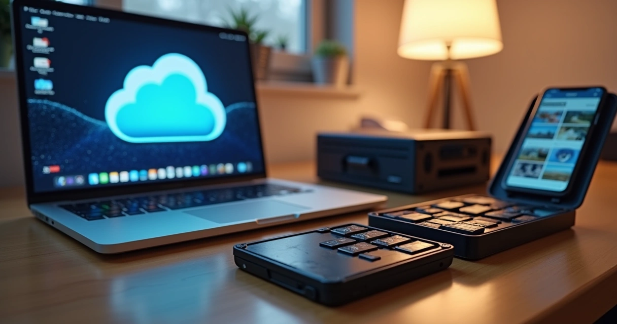 Armazenamento seguro de fotos em diferentes dispositivos e nuvem.