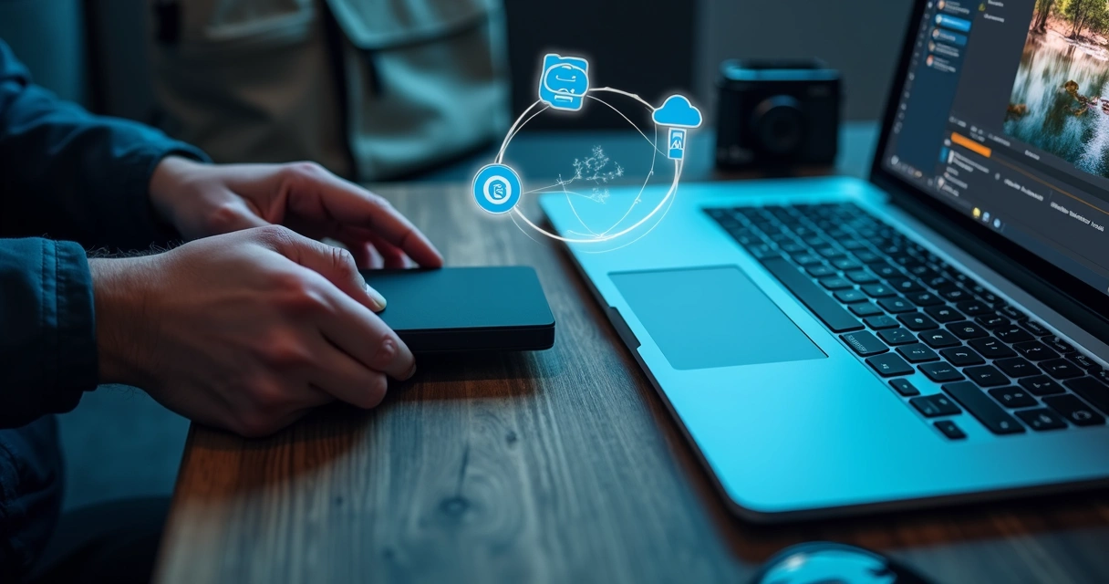 Fotógrafo realizando backup de arquivos de fotografia em HD externo e nuvem 