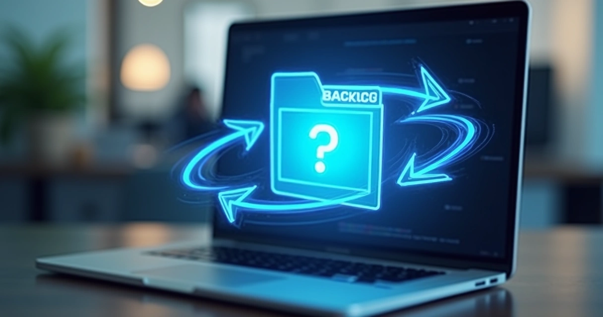 Ícone de backup girando sobre pastas digitais e laptop 