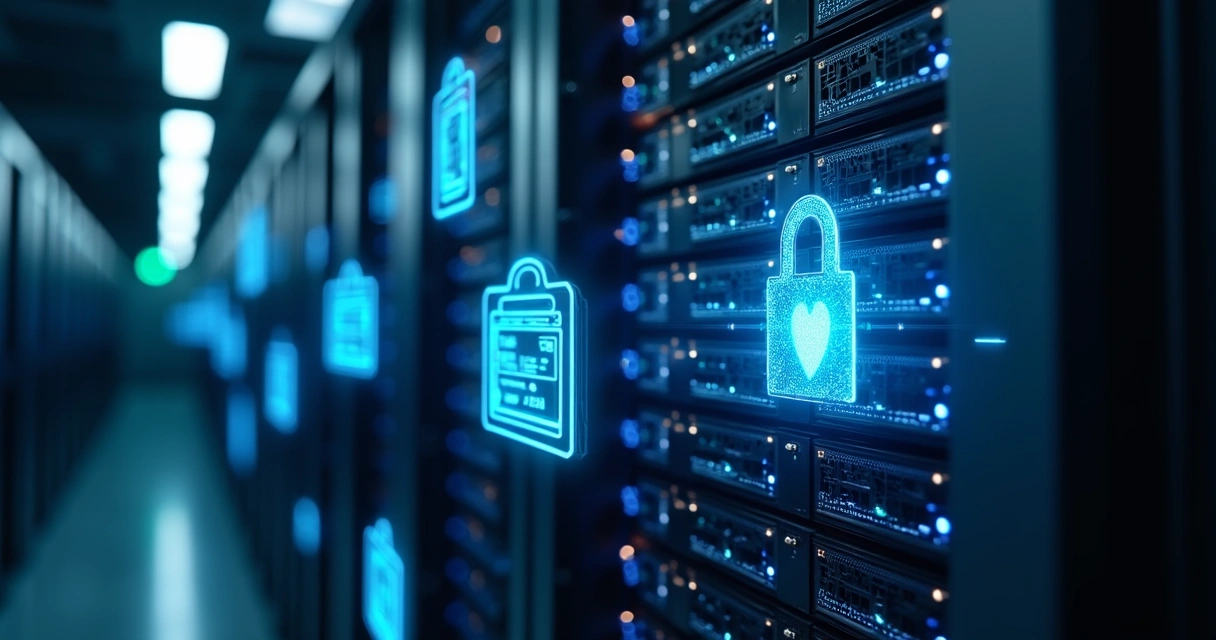 Servidor com luzes azuis e indicadores de backup ativo, protegido. 