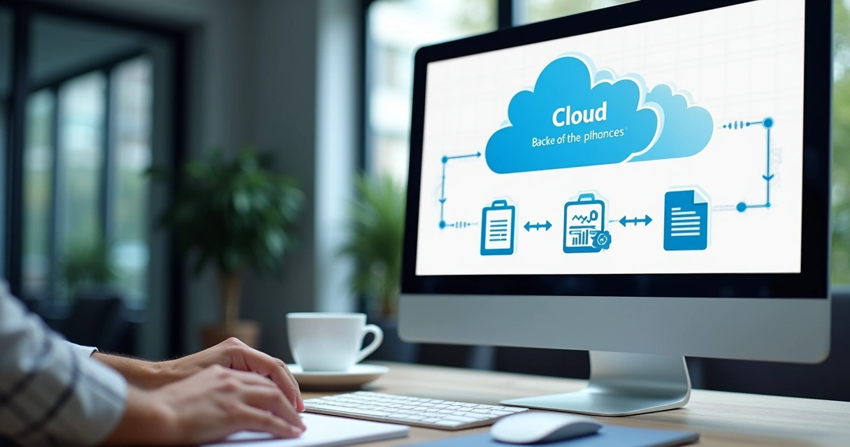 Tela de computador exibindo backup em nuvem de arquivos contábeis. 