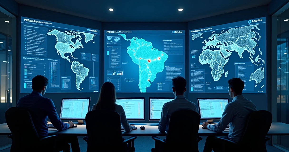 Equipe de TI em sala de monitoramento com gráficos de backup em nuvem nas telas