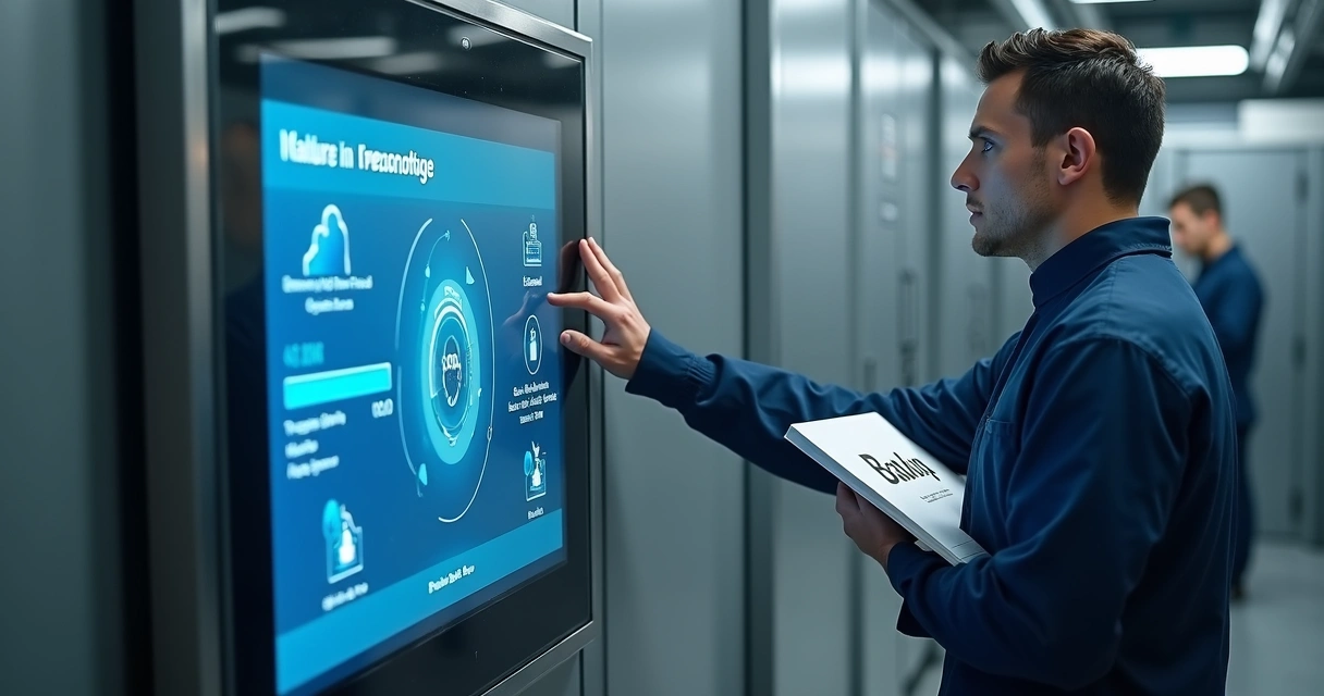 Central de porta automática com tela mostrando processo de backup 