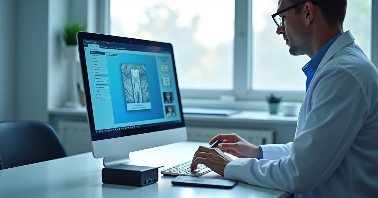 Dentista organizando arquivos digitais em computador com dispositivo externo ao lado 