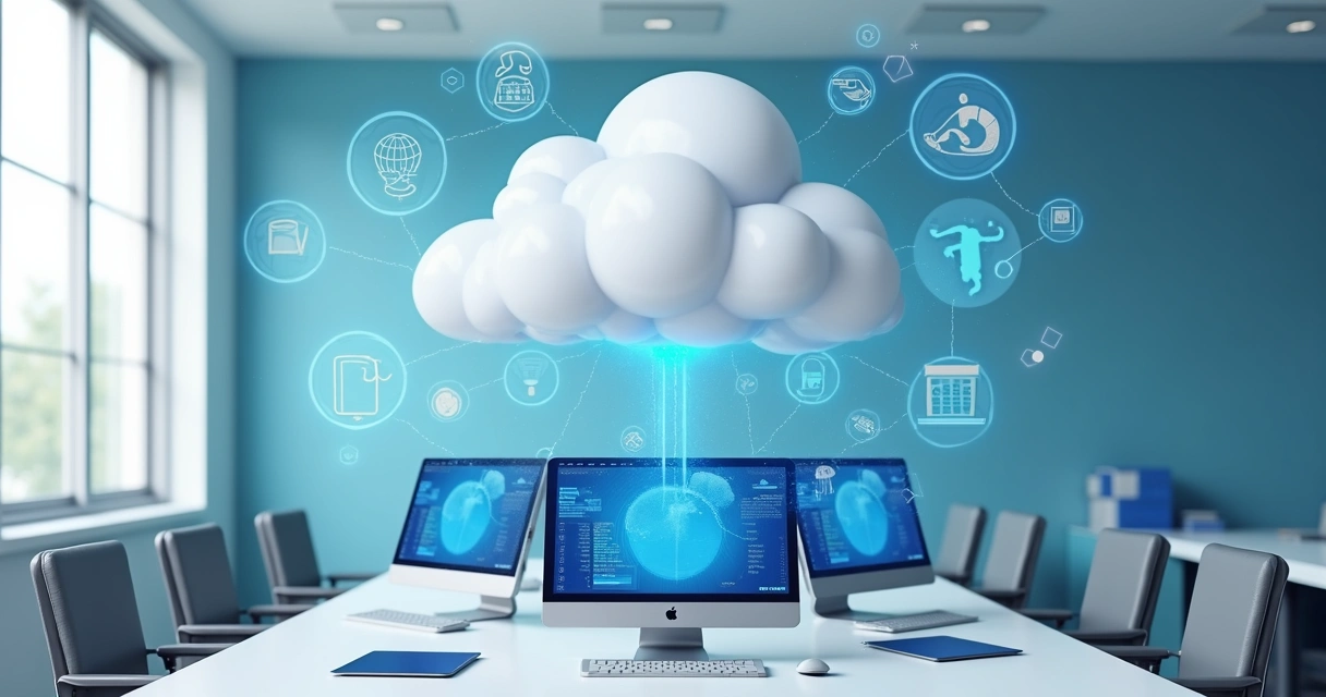 Representação de uma clínica médica com computadores conectados à nuvem 
