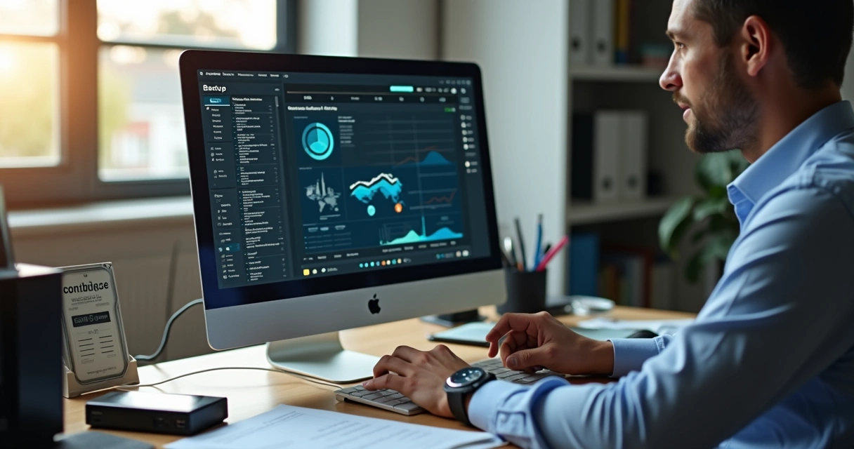 Pessoa analisando tela de computador com gráficos de backup de dados 