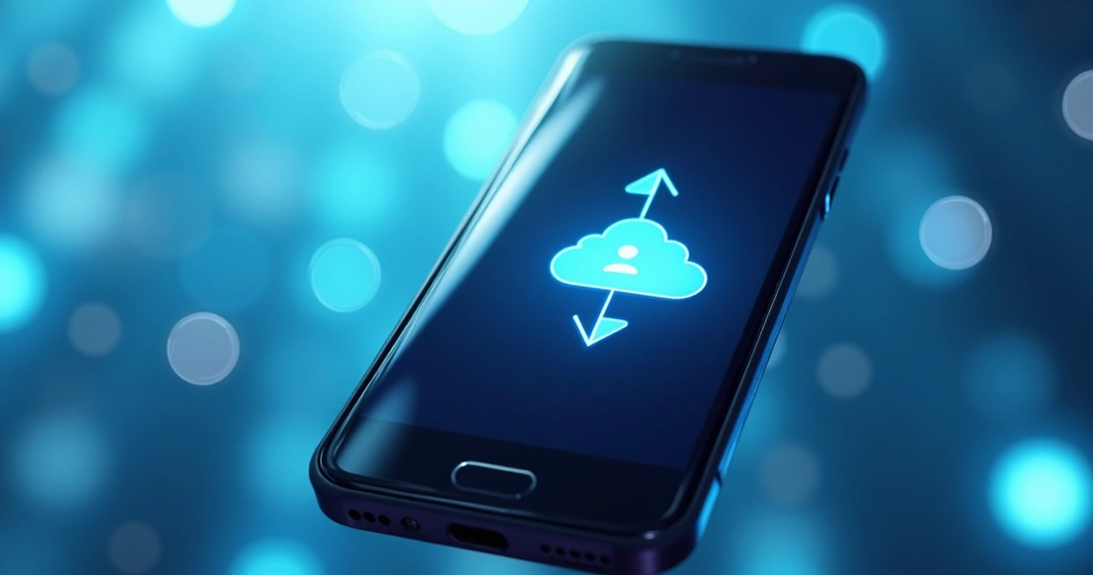 Ícone de backup de contatos em tela de celular iluminada 