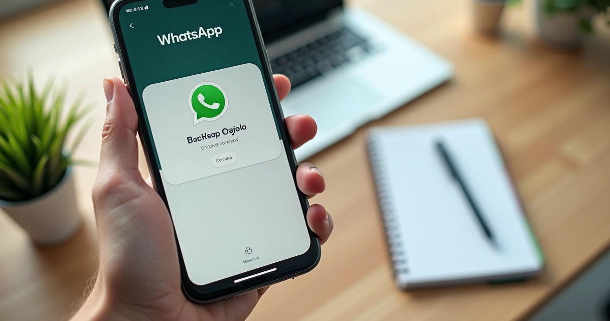 Tela de smartphone exibindo backup de contatos no WhatsApp, interface moderna e limpa 