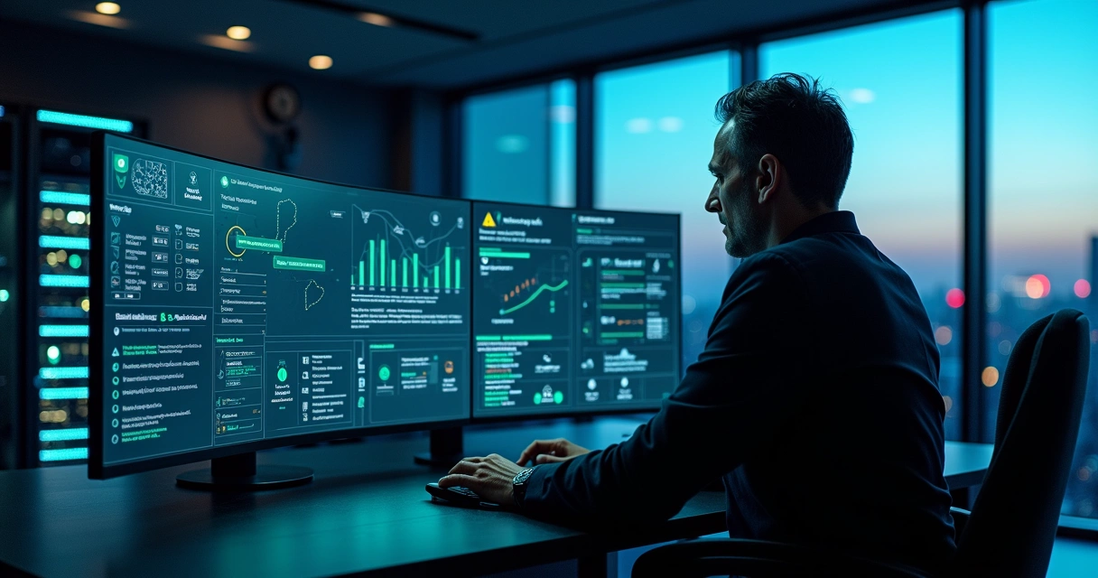 Profissional de TI gerenciando painel de backup corporativo em nuvem e servidores locais 