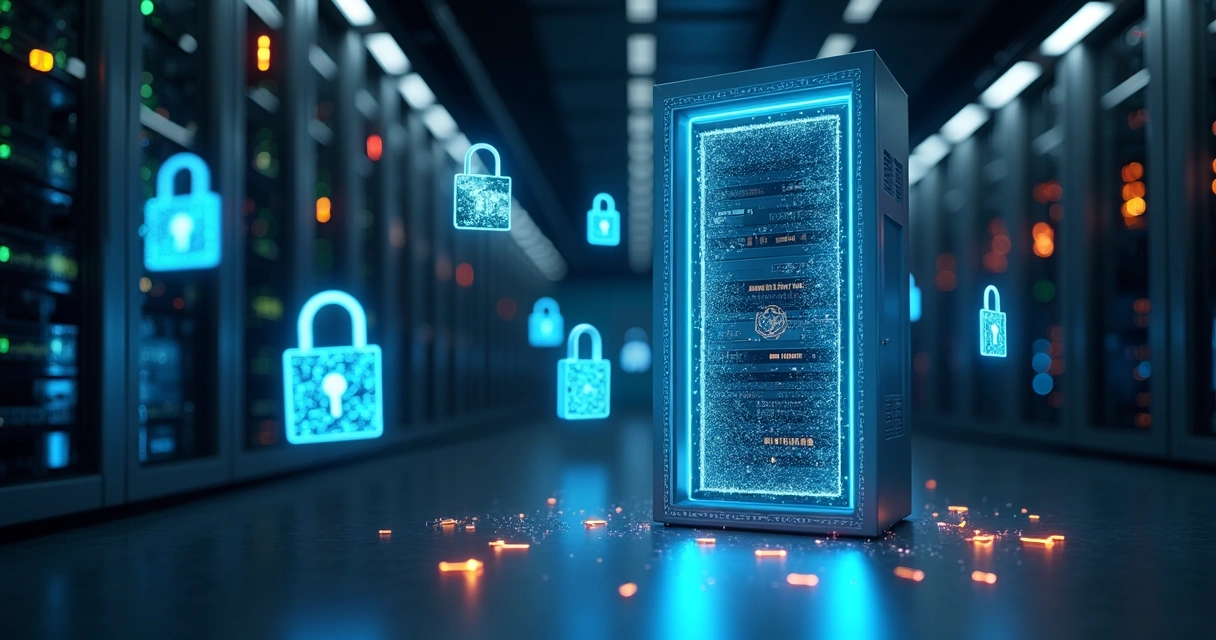Servidor corporativo cercado por cofres digitais luminosos representando proteção de backup 