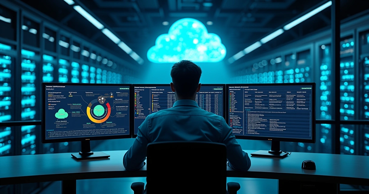 Profissional monitora painel de backup corporativo com nuvem e datacenter 