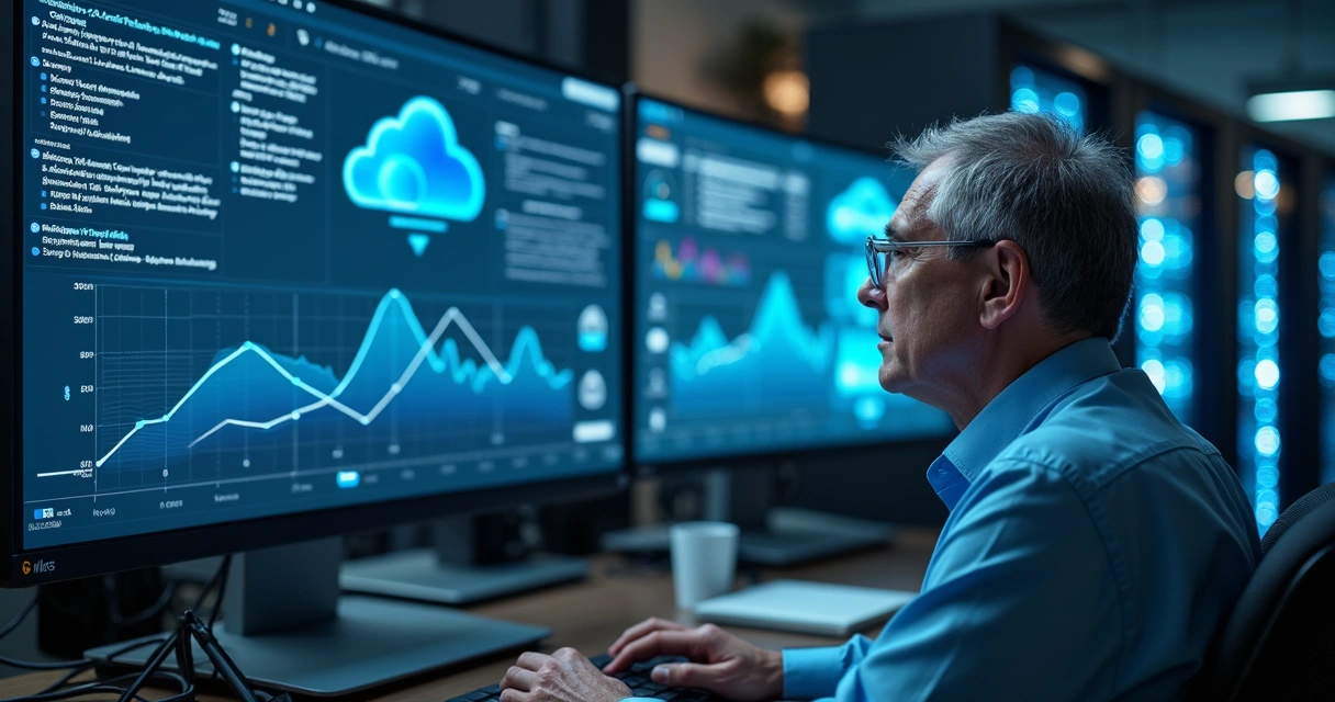 Profissional de TI monitorando painel de backup com vários servidores ao fundo 