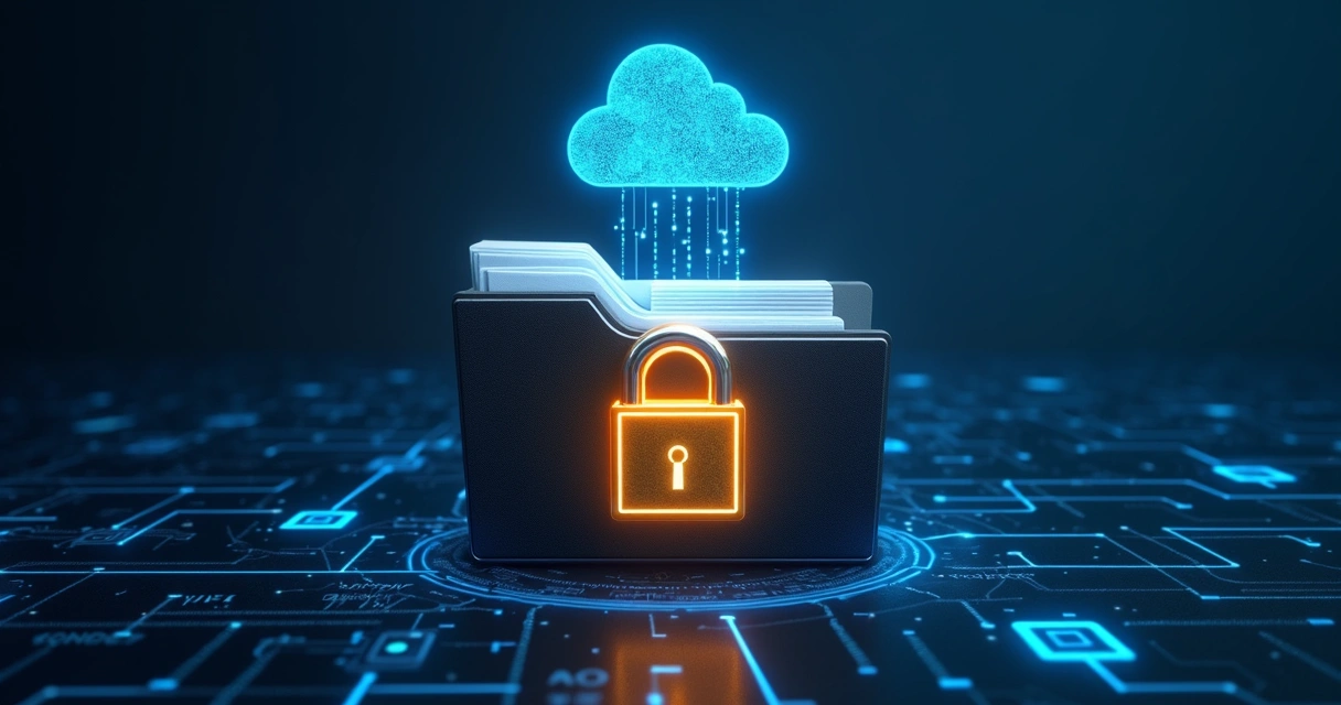 Gráfico de backup criptografado financeiro com cadeado e arquivos digitais