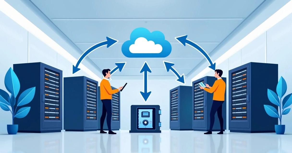 Servidores realizando backup seguro em nuvem e local 