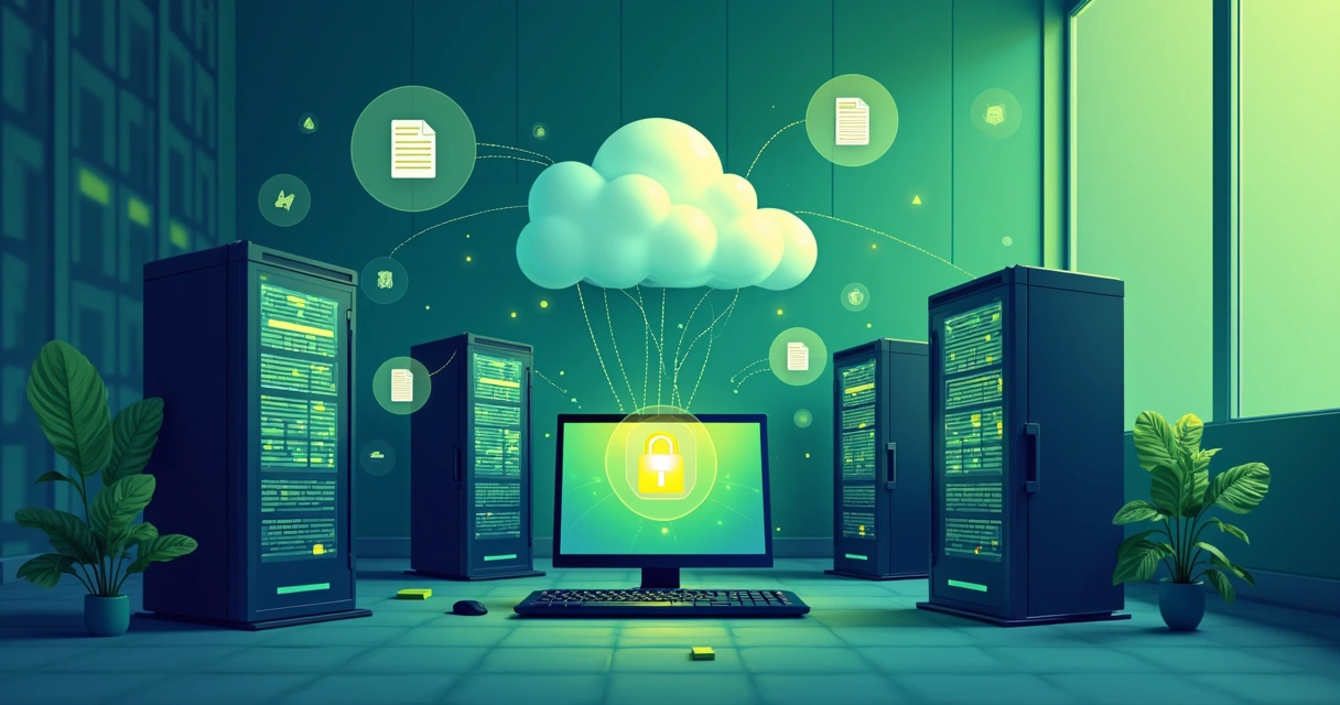 Backup de dados digitais com servidores e nuvem ao fundo 