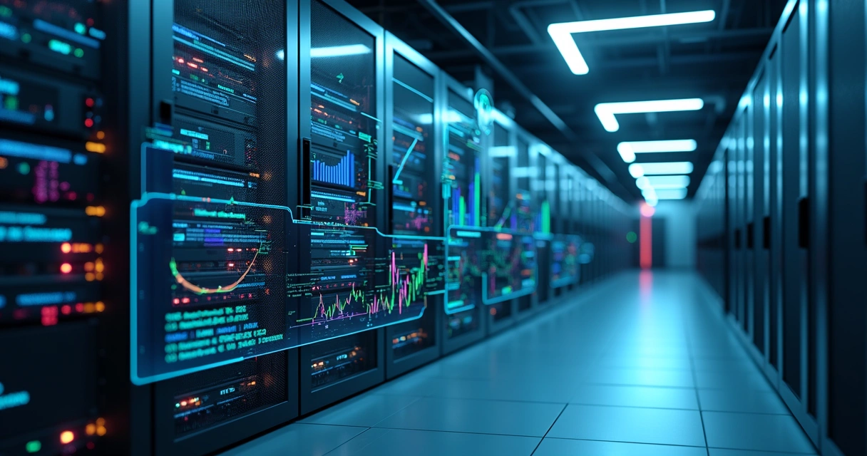 Servidor moderno com telas digitais mostrando backup de dados e gráficos de monitoramento IoT 