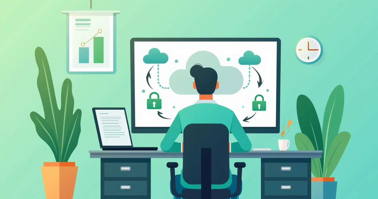 Representação de backup automático em nuvem com servidores e arquivos digitais 