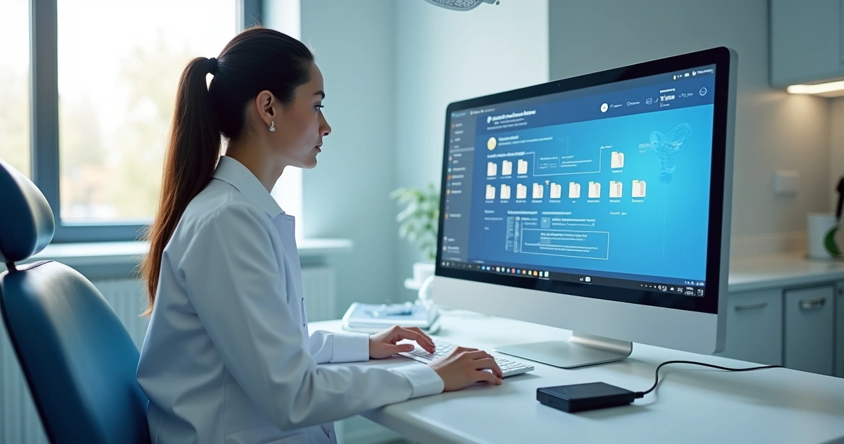 Profissional odontológico fazendo backup em computador em clínica limpa, com arquivos de pacientes no monitor