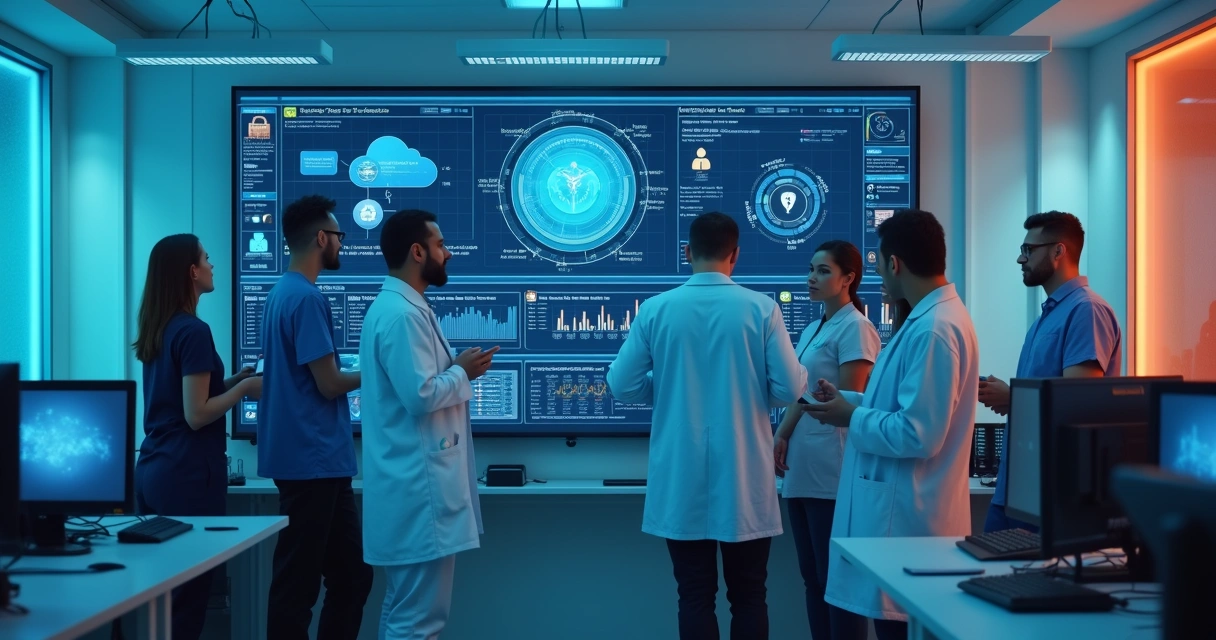 Equipe em clínica médica observando painel digital de backup e nuvem 