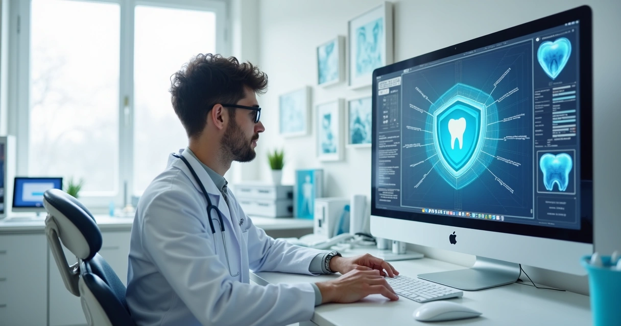 Profissional realizando backup em um consultório, tela do computador mostra ícone de segurança 