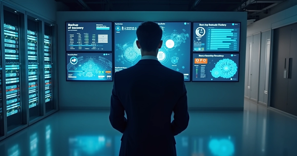 Gestor observando painel de backup e recuperação de desastres na empresa 