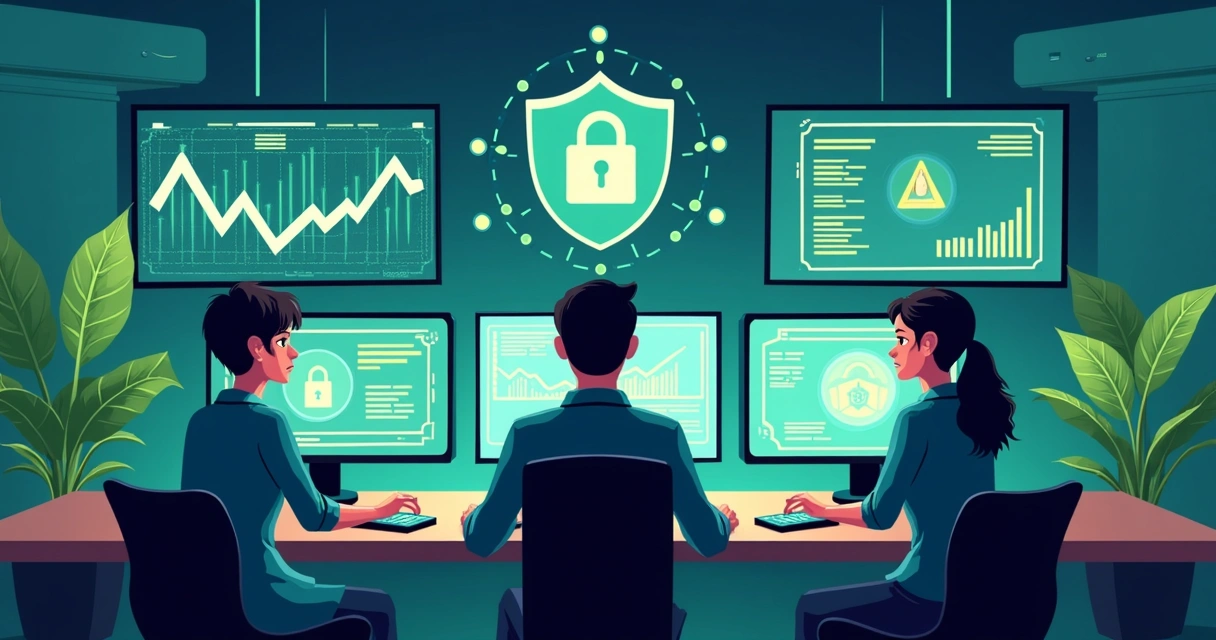 Equipe técnica monitorando sistemas protegidos com gráficos de backup ativos 