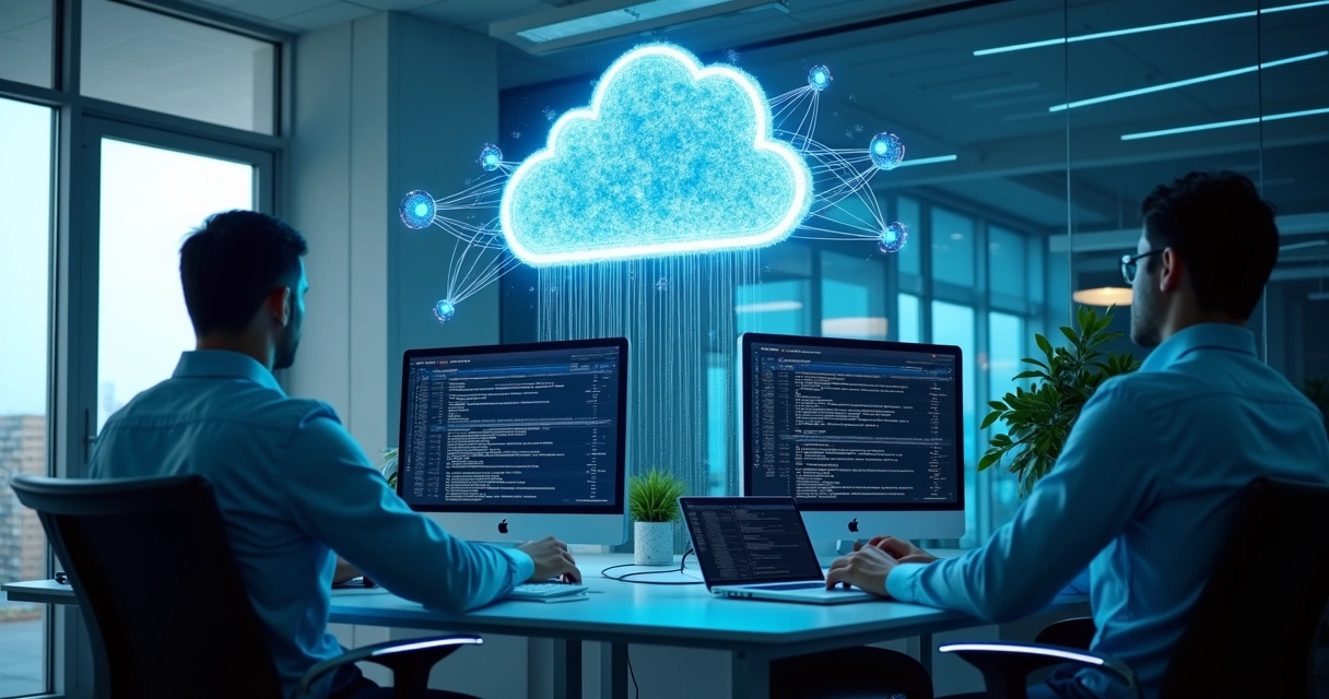 Backup corporativo em nuvem com equipe de TI analisando dados