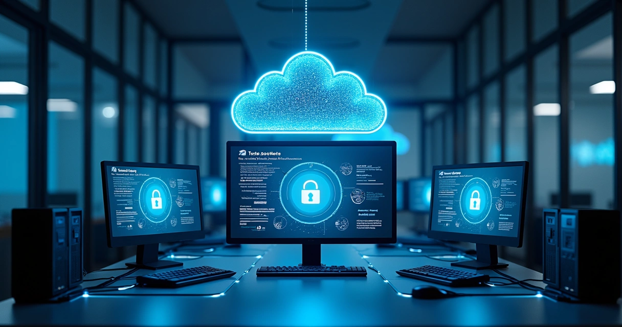 Sala de servidor com dispositivos conectados representando backup em nuvem 