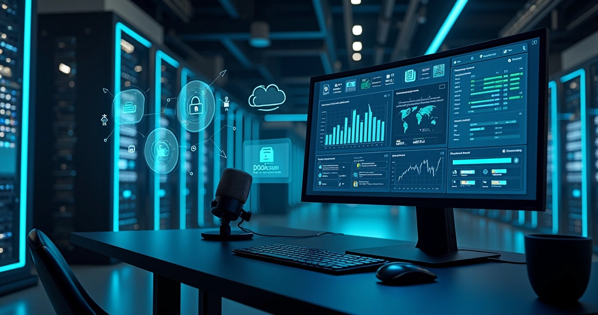 Ilustração de backup empresarial em nuvem com painel Bacula Enterprise em tela gigante 