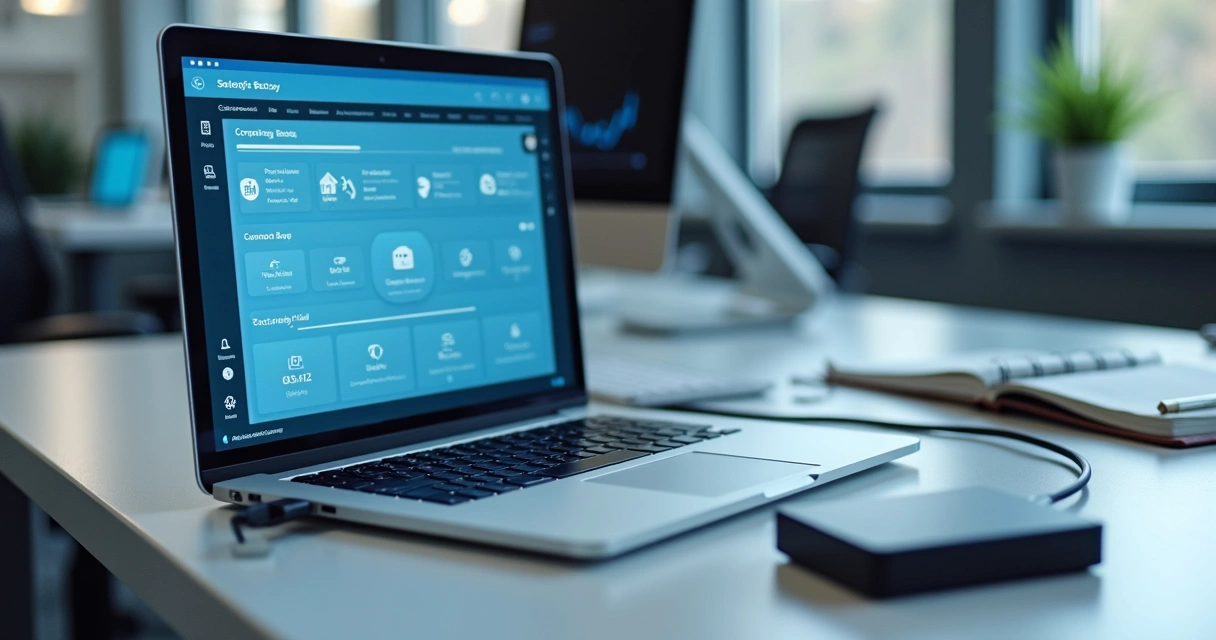 Notebook corporativo com tela de backup e armazenamento externo 