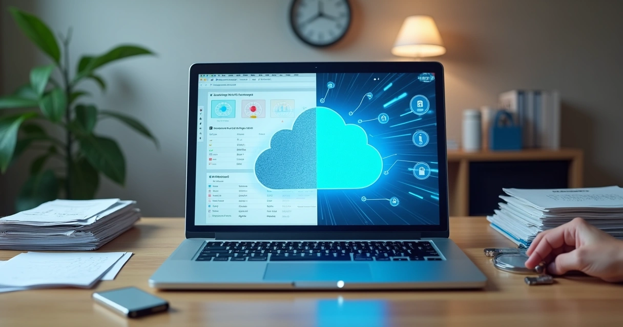 Comparação visual entre backup financeiro automático em nuvem e backup manual em mídia física 