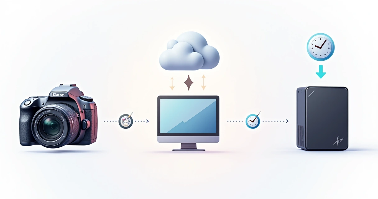 Diagrama de fluxo de backup em fotografia com equipamentos, HD externo e nuvem 