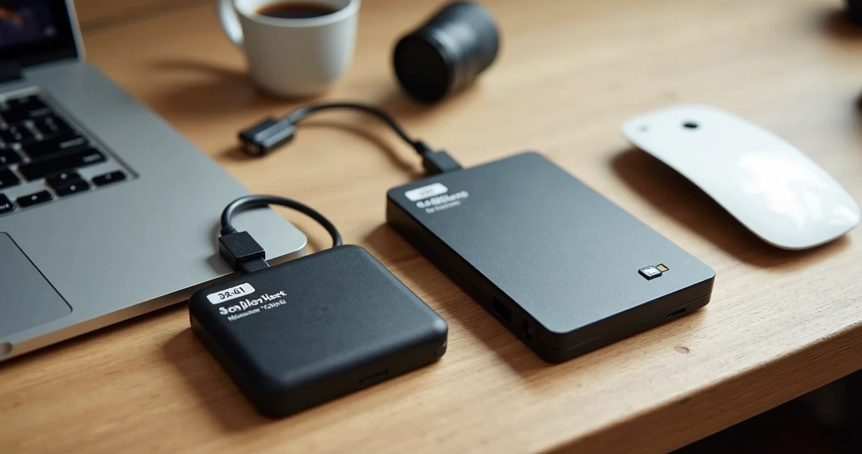 HD externo, notebook e cartão de memória em mesa arrumada 