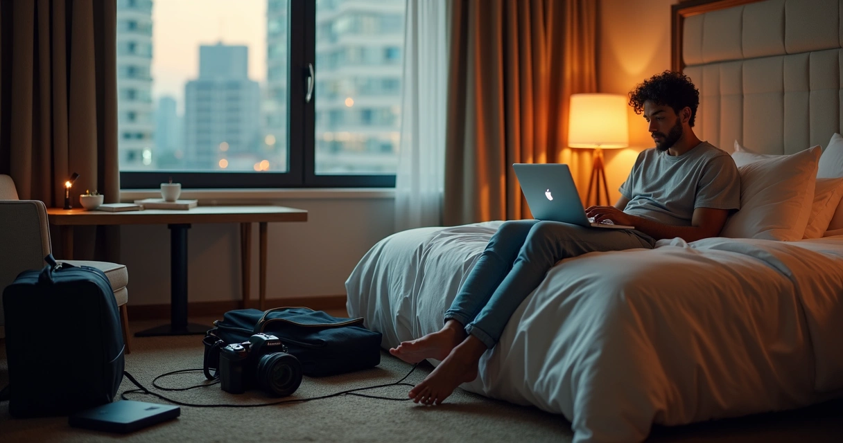 Fotógrafo tranquilo realizando backup de fotos no notebook durante viagem 