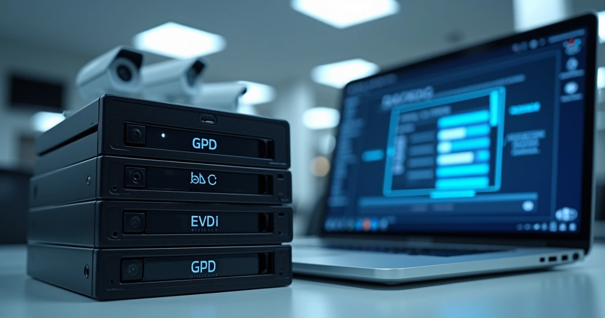 Pilha de HDs externos usados para backup de imagens de câmeras 