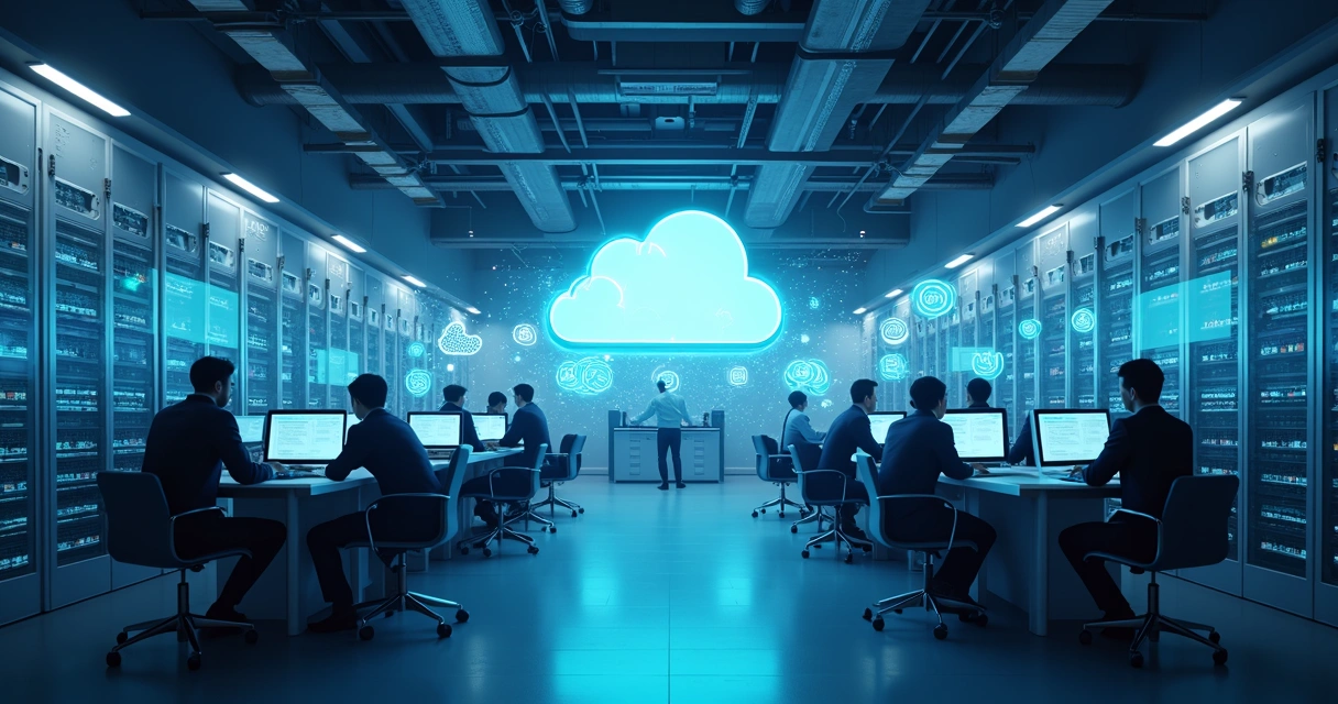 Ambiente corporativo com servidores locais e ícones de nuvem 
