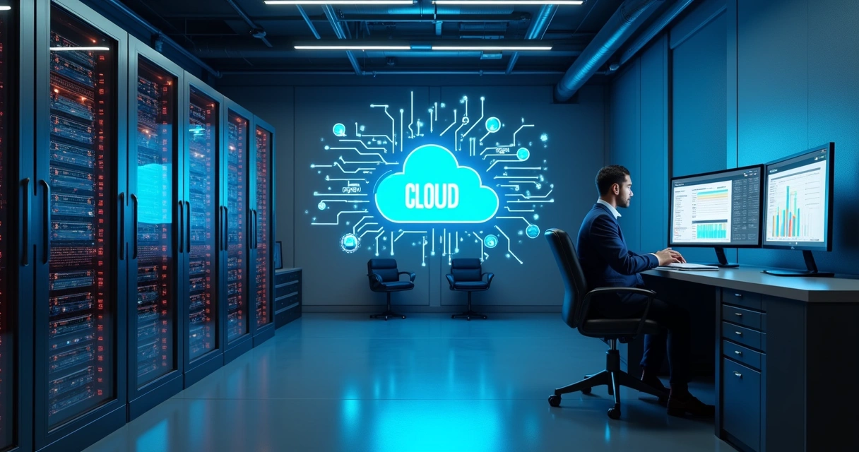 Painel de TI com servidor local e nuvem conectados 