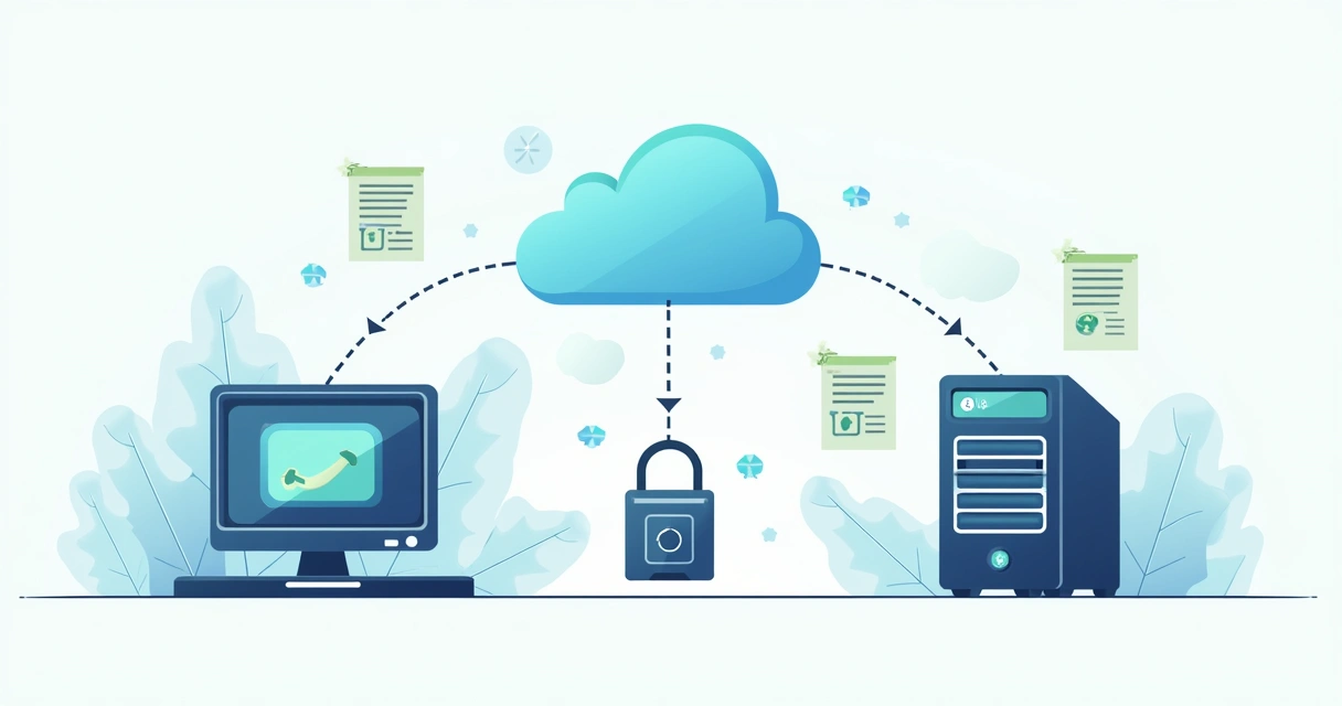 Ilustração de computadores, nuvem e HD externo fazendo backup 
