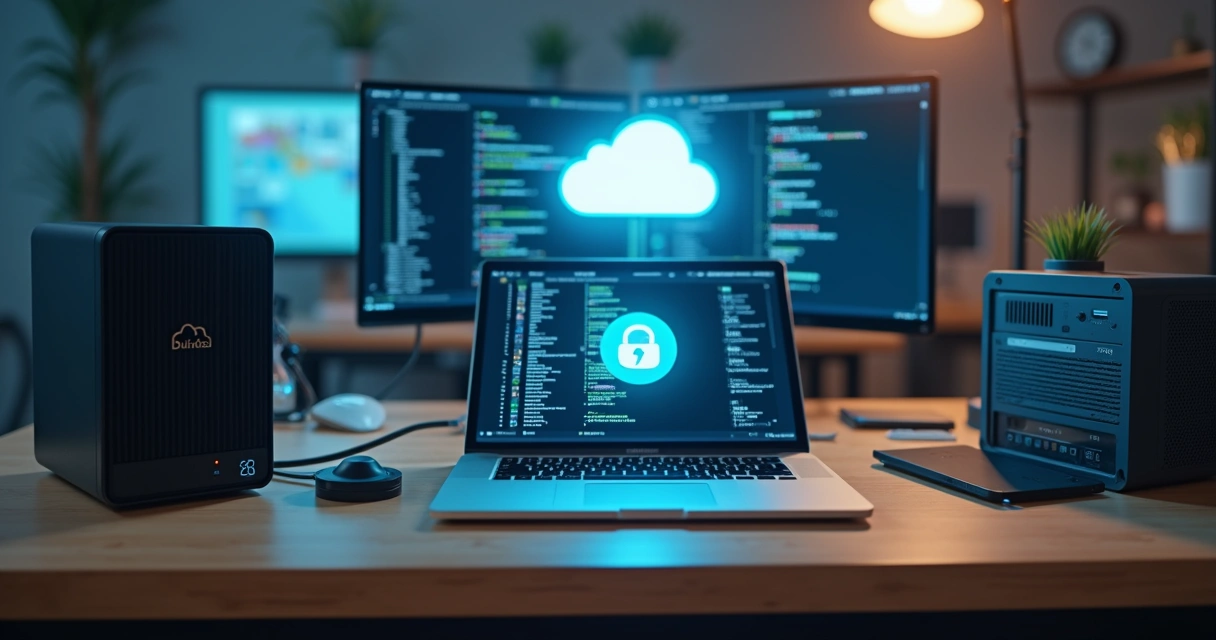 Vários métodos de backup como HD, nuvem e servidor mostrados juntos 