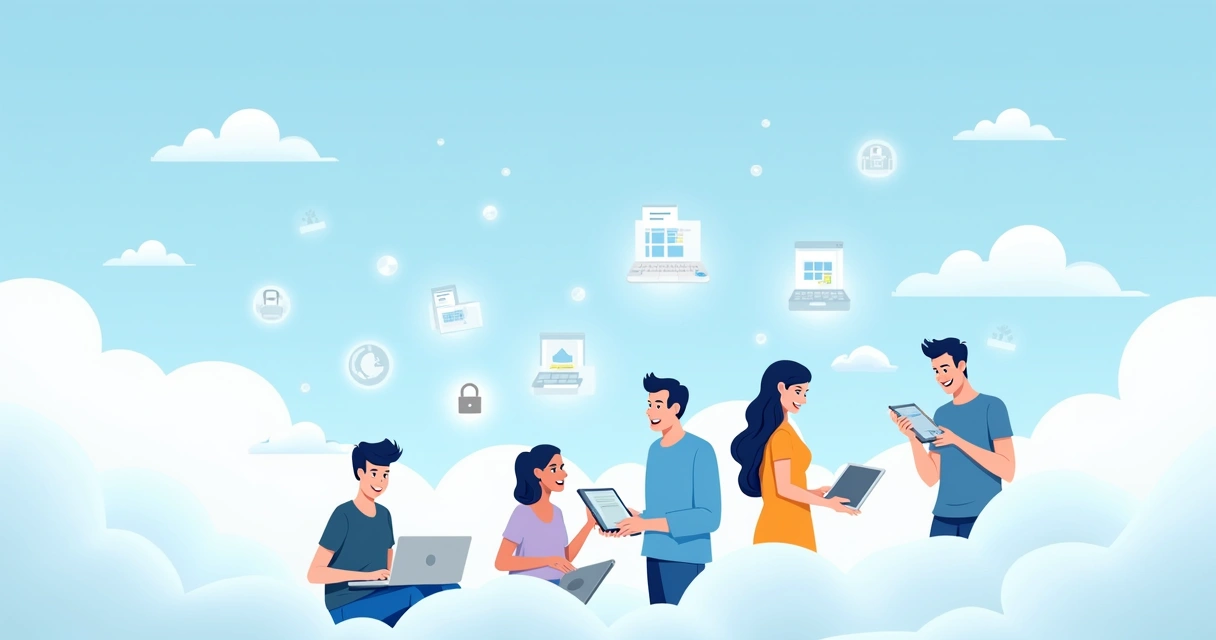 Ilustração de pessoas acessando backup na nuvem com segurança, rodeadas por nuvens e ícones digitais.