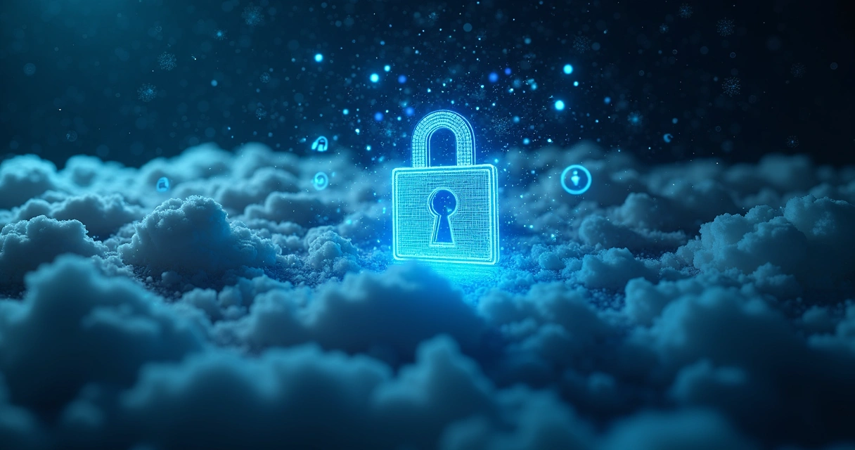 Processo de backup em nuvem com cadeado e nuvens digitais ao fundo 