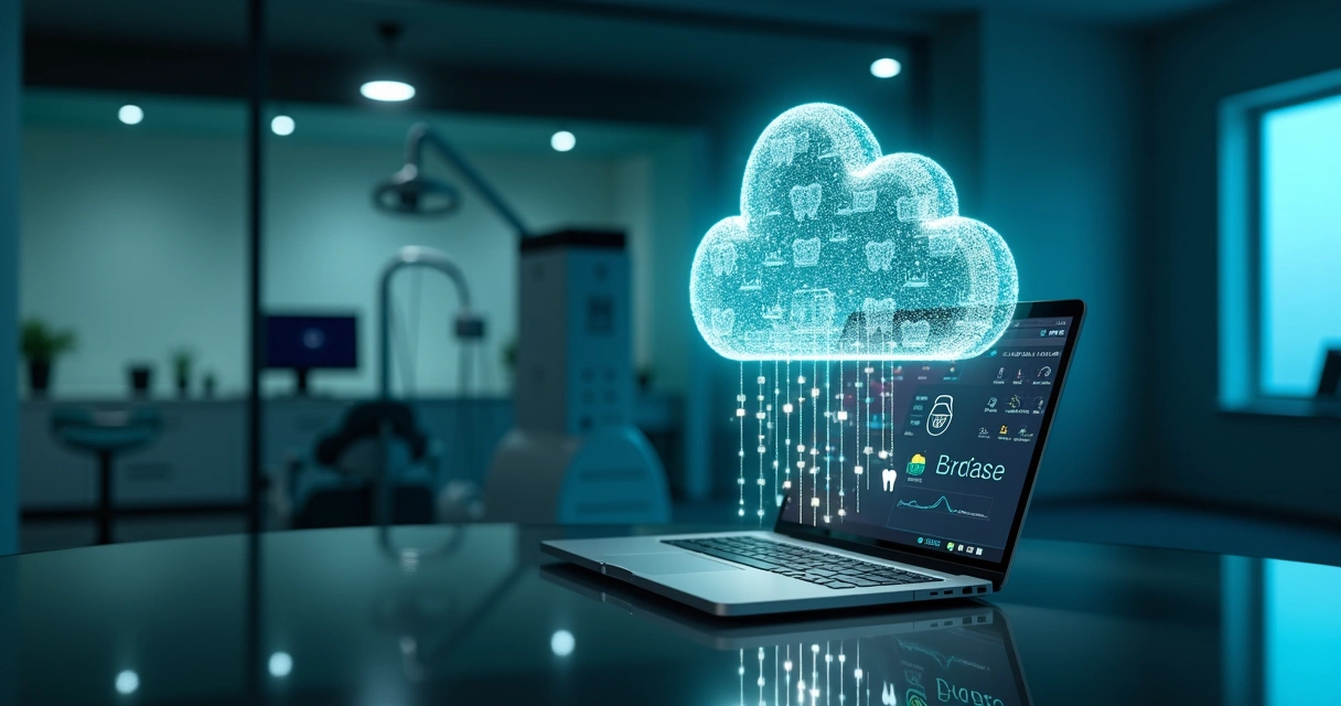 Backup em nuvem de dados odontológicos com servidor e clínica ao fundo 