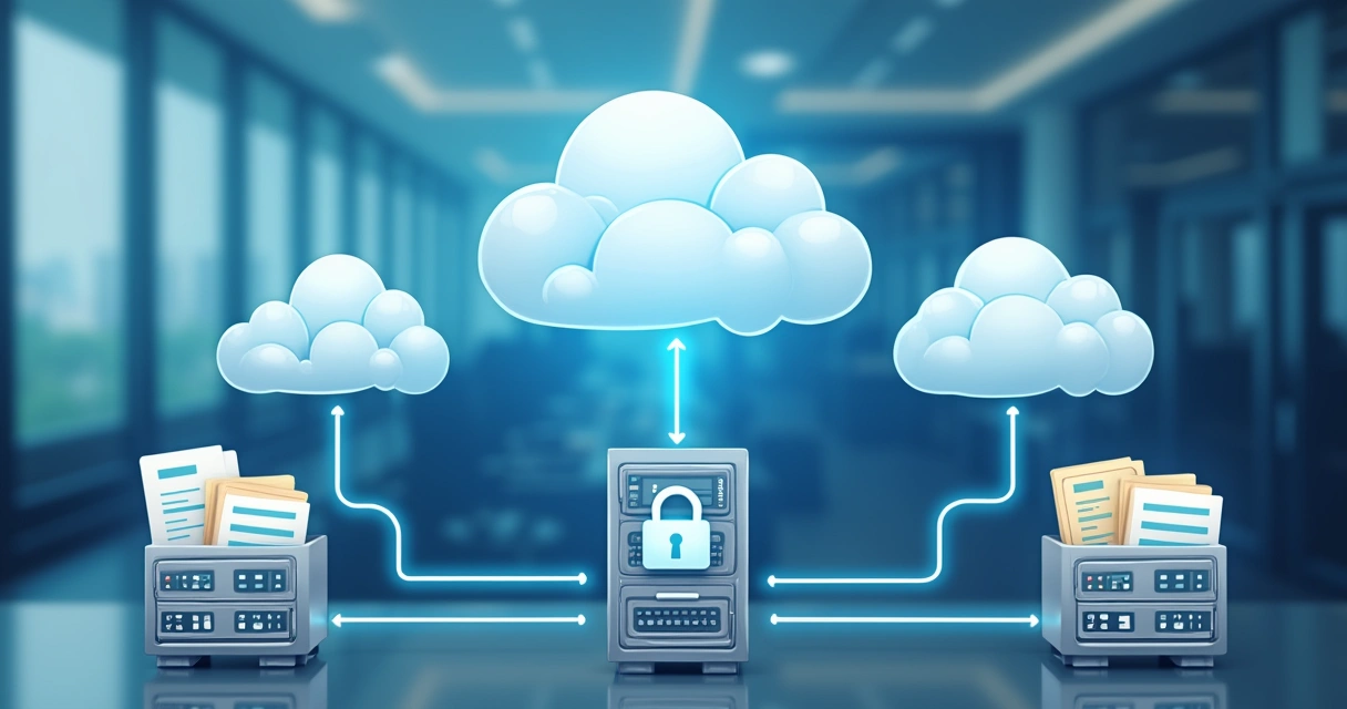 Backup em nuvem para arquivos contábeis representado por servidores conectados a nuvens 