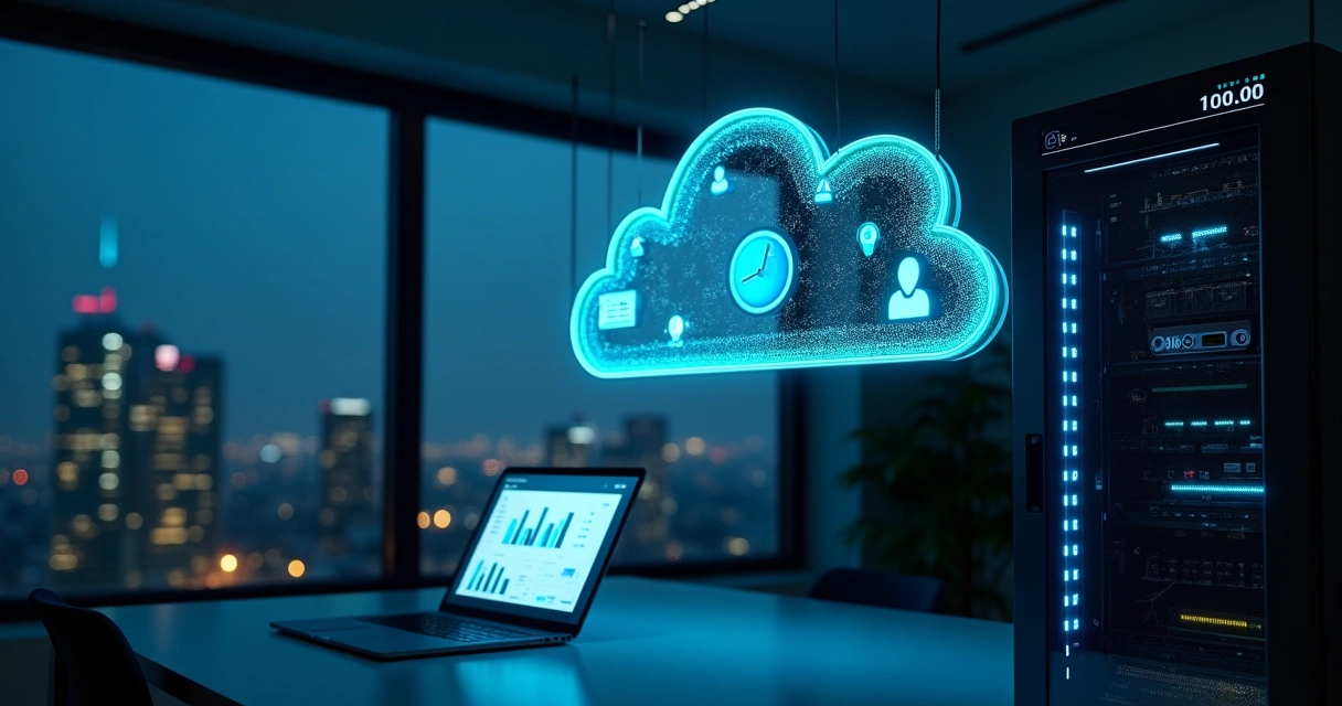 Servidor protegido com nuvem digital e ícones de relógio de ponto 