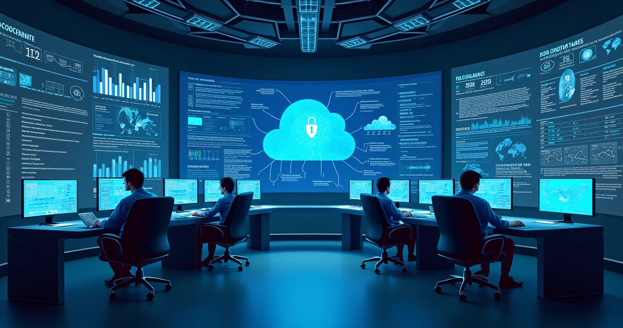 Painel digital de backup em nuvem com gráficos e computadores empresariais 