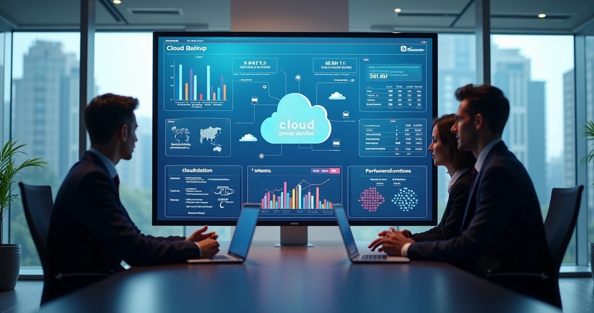 Equipe de TI avaliando dashboard de backup SaaS em monitor amplo 